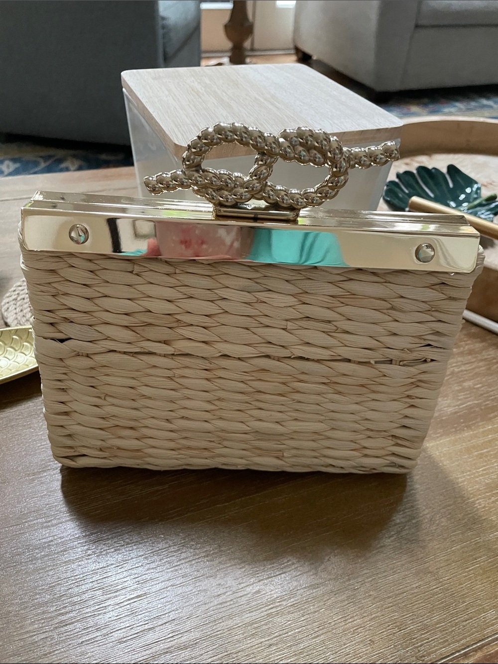 Talbots  Straw Box Clutch with Gold Chain Accent - Beige